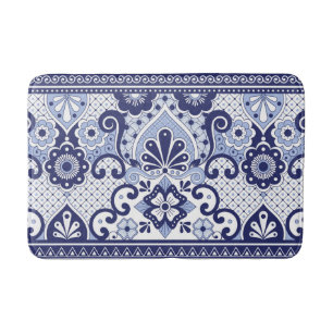 Alfombrilla De Baño Talavera mexicana azul y blanca