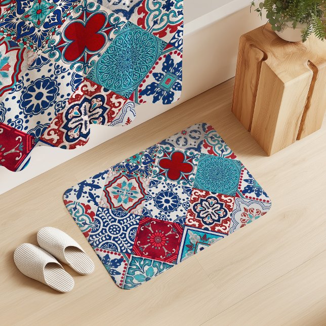Alfombrilla De Baño Talavera Tles Turquoise Denim Blue Red White  (Subido por el creador)