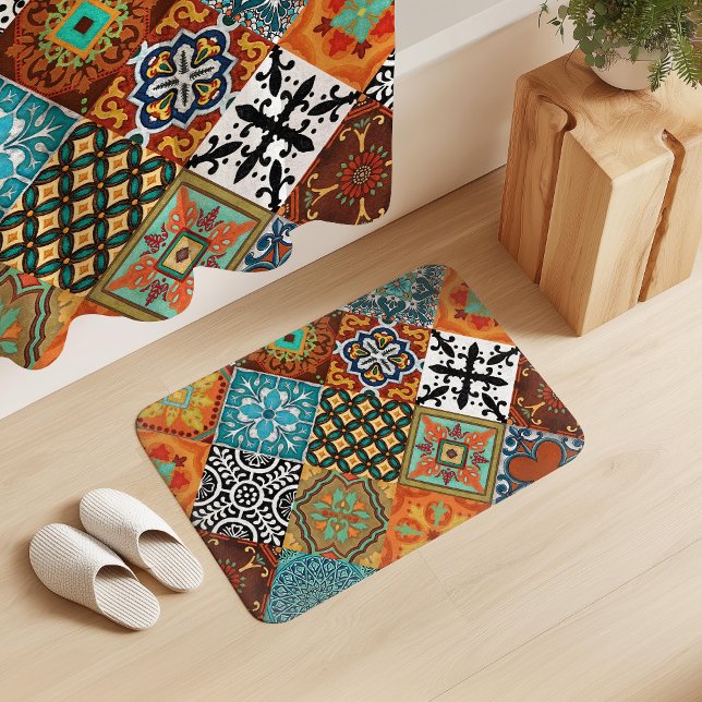Alfombrilla De Baño Talavera Tles Turquoise Teal Orange Black White  (Subido por el creador)