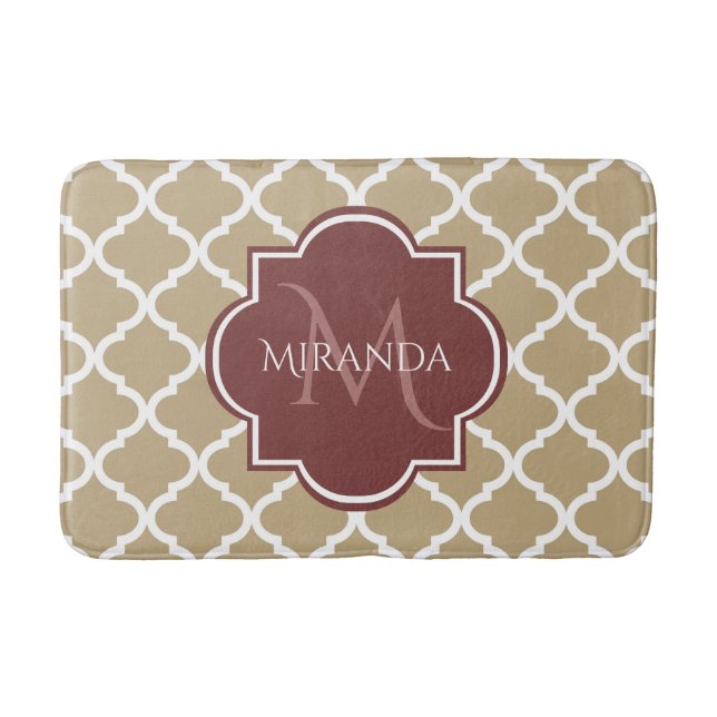 Alfombrilla De Baño Tan elegante Quatrefoil Burgundy Monograma y nombr (Anverso)