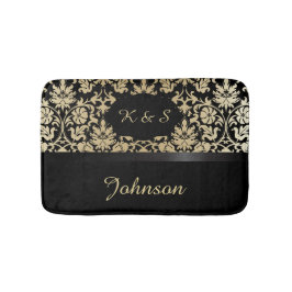 Alfombrilla De Baño Tan y negro del patrón de Damasco| Monograma DIY