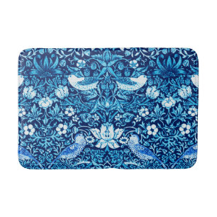 Alfombrilla De Baño Tapiz Art Nouveau de aves y flores, azul oscuro