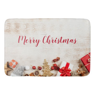 Alfombrilla De Baño Temas de navidades en una pizarra de madera rústic