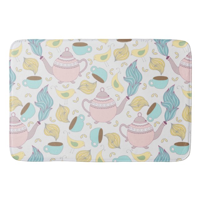 Alfombrilla De Baño Teteras, teacups y pájaros, un caprichoso patrón p (Anverso)