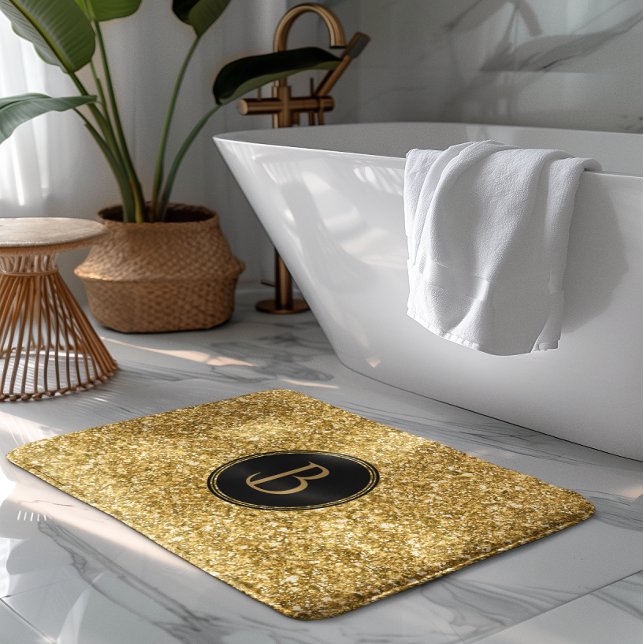 Alfombrilla De Baño Textura Purpurina de oro moderna con monograma (Subido por el creador)