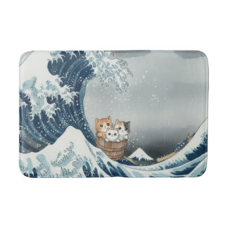 Alfombrilla De Baño The Great Wave off Kanagawa with Cute Kittens