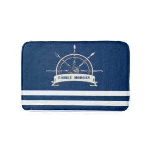 Alfombrilla De Baño Timón de barco náutico, rayas azul marino