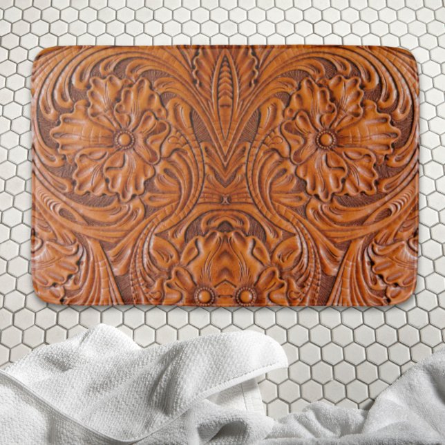 Alfombrilla De Baño Tinta de cuero de cuero en el rústico occidente de (Cowboy Rustic western country tooled leather print Bath Mat)