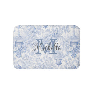 Alfombrilla De Baño Toile de Jouy Azul Francés Monograma Inicial Nombr
