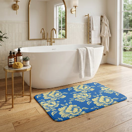 Alfombrilla De Baño Toile de Peonía Azul y Amarillo - Decoración de Ca