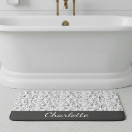 Alfombrilla De Baño Toile Floral Blanco y Negro con Nombre Personaliza