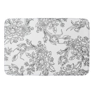 Alfombrilla De Baño Toile floral blanco y negro elegante