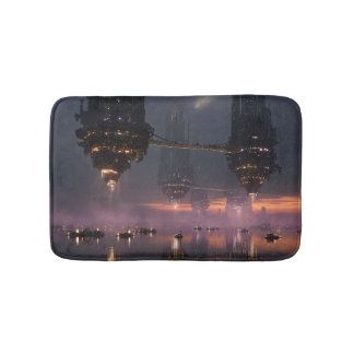 Alfombrilla De Baño Torres futuristas flotando sobre el puerto