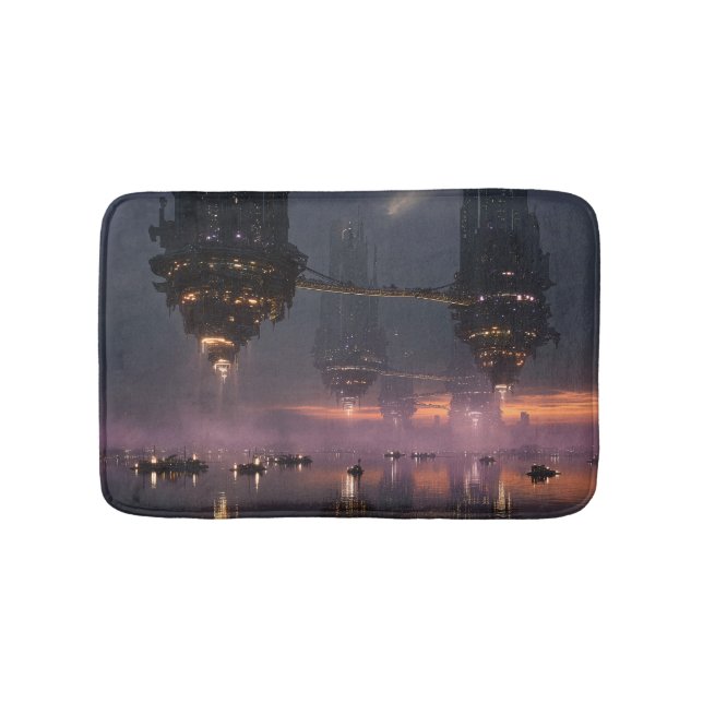Alfombrilla De Baño Torres futuristas flotando sobre el puerto (Anverso)