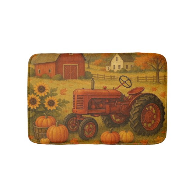Alfombrilla De Baño Tractor clásico de otoño feliz y granja (Anverso)