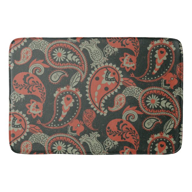 Alfombrilla De Baño Tradicional Paisley Linocut Naranja cálido Mint Gr (Anverso)