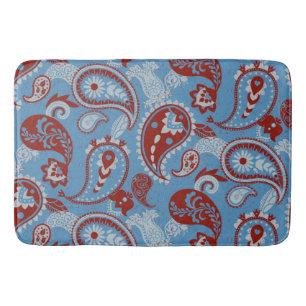 Alfombrilla De Baño Tradicional Paisley Linocut Rojo Azul Blanco