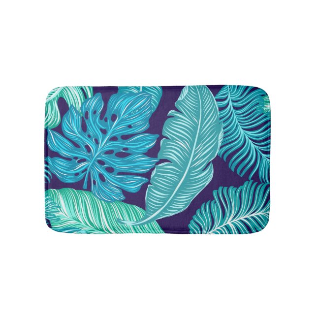 Alfombrilla De Baño Tropical Green Blue Leaves Pattern (Anverso)