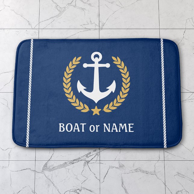 Alfombrilla De Baño Tu nombre de barco Nautical Anchor Gold Laurel (Several sizes to choose from.)