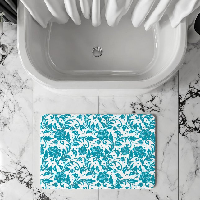Alfombrilla De Baño Turquoise and White Floral Damask Pattern (Subido por el creador)