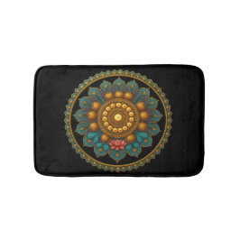 Alfombrilla De Baño Turquoise Lotus Mandala - Black Boho Graphic Art