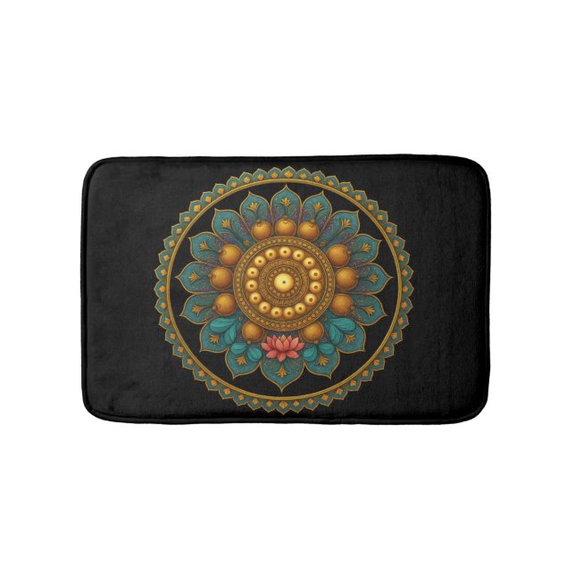 Alfombrilla De Baño Turquoise Lotus Mandala - Black Boho Graphic Art (Anverso)