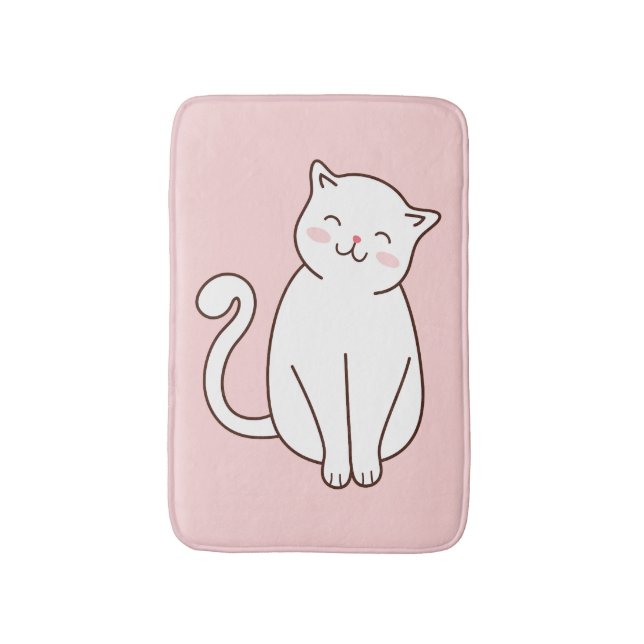 Alfombrilla De Baño Un gato blanco lindo Kawaii sonriente rosado (Frente vertical)