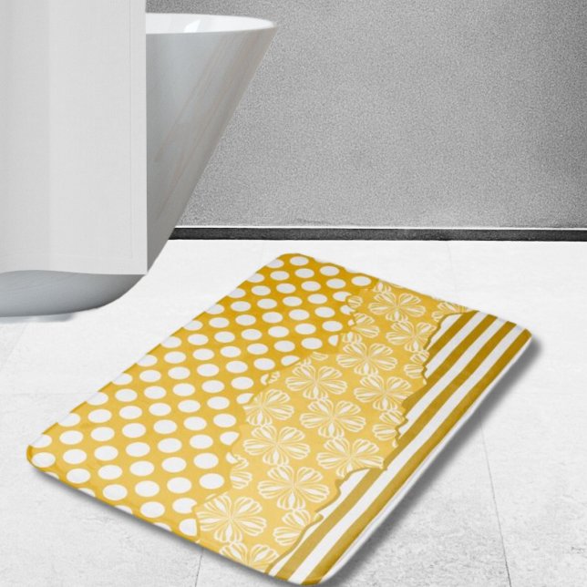 Alfombrilla De Baño Unas bandas alegres Polka Floral Polka Punto estra (Joyful Stripes Floral Polka Dot Layered Yellow Bath Mat)