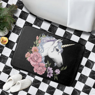 Alfombrilla De Baño Unicornio blanco y flores