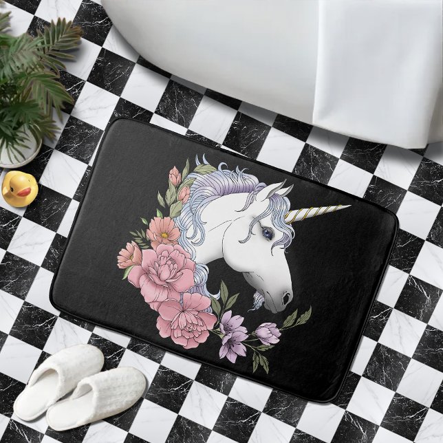 Alfombrilla De Baño Unicornio blanco y flores (Subido por el creador)
