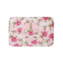 Alfombrilla De Baño Unicornio Dorado Rosas Florales Rosadas Lindo Tend