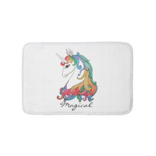 Alfombrilla De Baño Unicornio lindo del arco iris de la acuarela