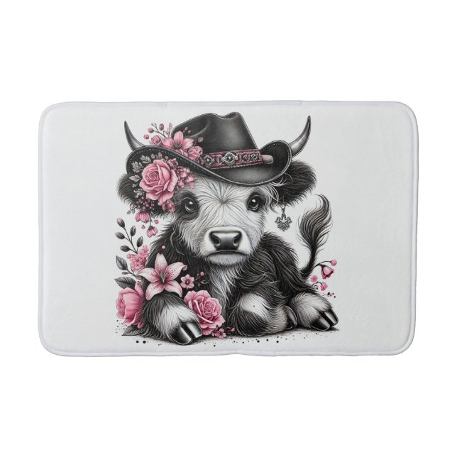 Alfombrilla De Baño Vaca Highland Con Gorra Floral (Anverso)