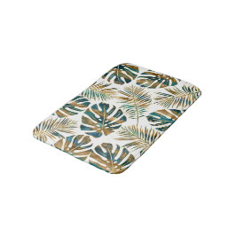 Alfombrilla De Baño Verde azuladas hojas tropicales con motivos dorado