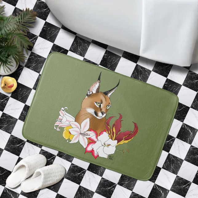 Alfombrilla De Baño Verde floral de gato salvaje caracal (Subido por el creador)
