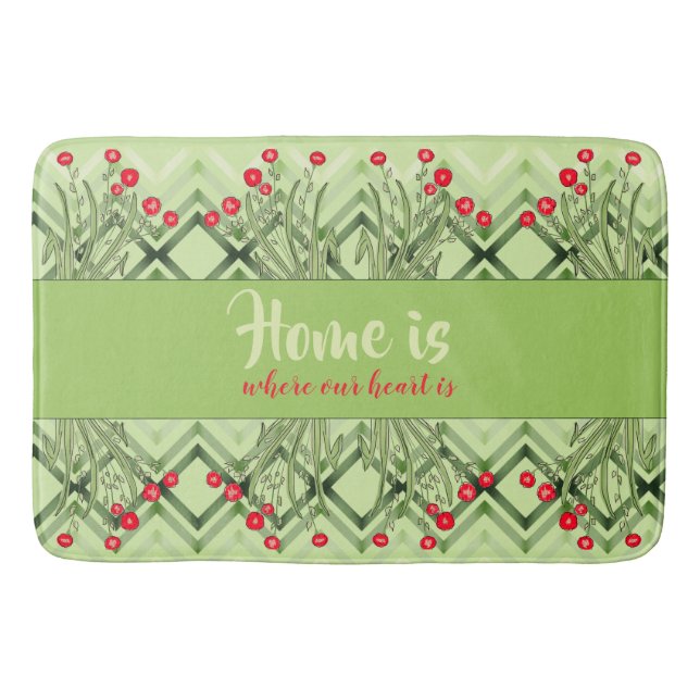 Alfombrilla De Baño Verde Moderno Con Floral Roja (Anverso)