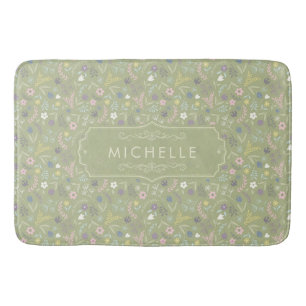 Alfombrilla De Baño Verde Salvia Flores Blancas Rosadas Patrón Floral