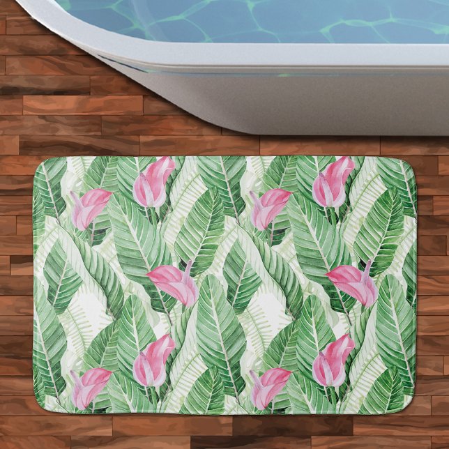 Alfombrilla De Baño Verdor floral rosado tropical (Tropical Pink Floral Greenery Bath Mat - 3 sizes available)