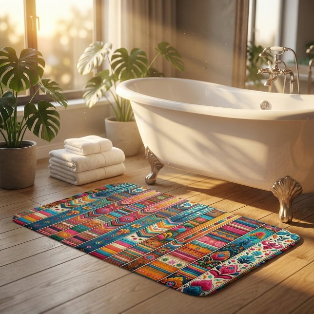 Alfombrilla De Baño Vibrantes franjas de boho: Arte textil ecléctico (Subido por el creador)