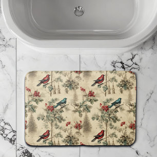 Alfombrilla De Baño Vintage Christmas Blue Jay Red Mockingbird