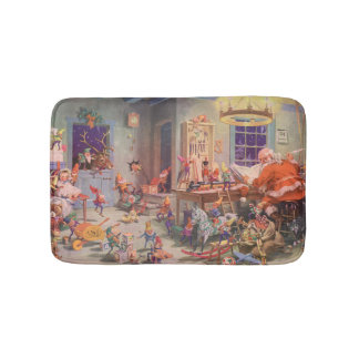 Alfombrilla De Baño Vintage Christmas, Santa Claus with Elves Workshop