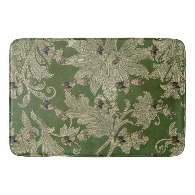 Alfombrilla De Baño Vintage Green Tan Damask Flagonflies (Anverso)