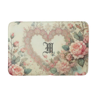 Alfombrilla De Baño Vintage Pastel Watercolor Boho Floral Hearts