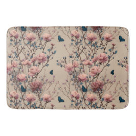 Alfombrilla De Baño Vintage Spring Roses with Blue Butterflies