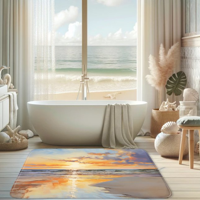 Alfombrilla De Baño Watercolor Beach Sunset Ocean (Bath mat featuring a watercolor painting of a sunset on the beach.)