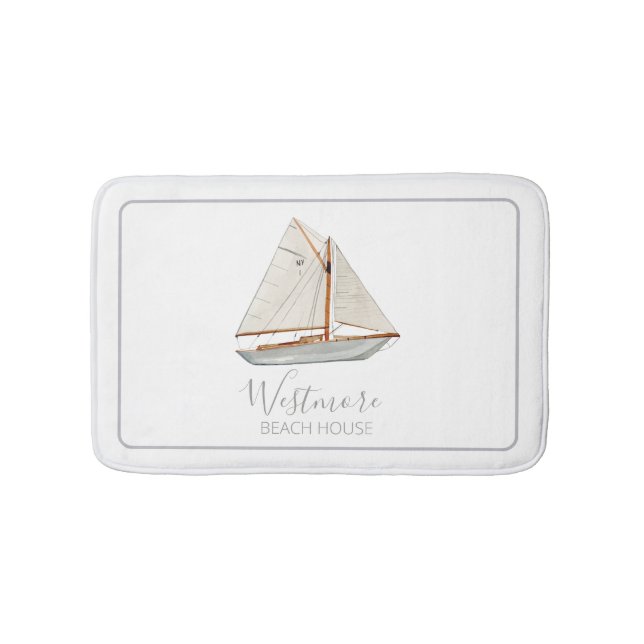 Alfombrilla De Baño Watercolor Sailboat Beach House (Anverso)