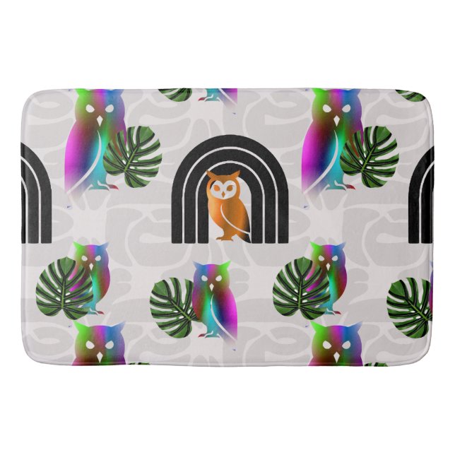 Alfombrilla De Baño Whimsical Boho Owl & Tropical Monstera Leaf (Anverso)