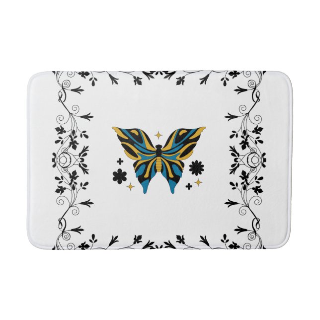 Alfombrilla De Baño Whimsical Fluttering Black and White Butterfly (Anverso)