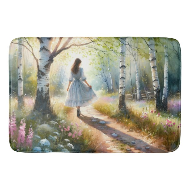 Alfombrilla De Baño Whimsical Girl Dancing Through Birch Forest (Anverso)