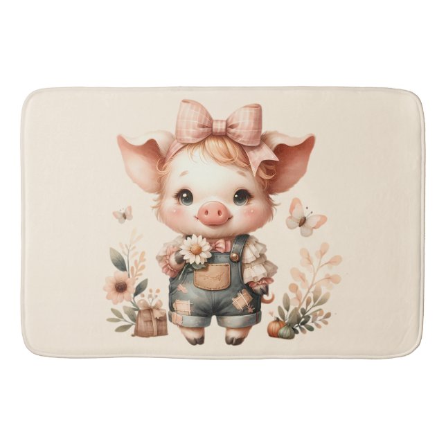 Alfombrilla De Baño Whimsical Piglet in Pastel Overalls Peach (Anverso)